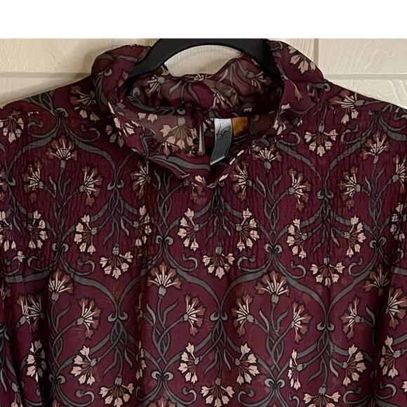 Lane Bryant Sheer Blouse Ruffle Neck Smocked Bodice Floral Burgundy Sz 20 - Picture 3 of 11